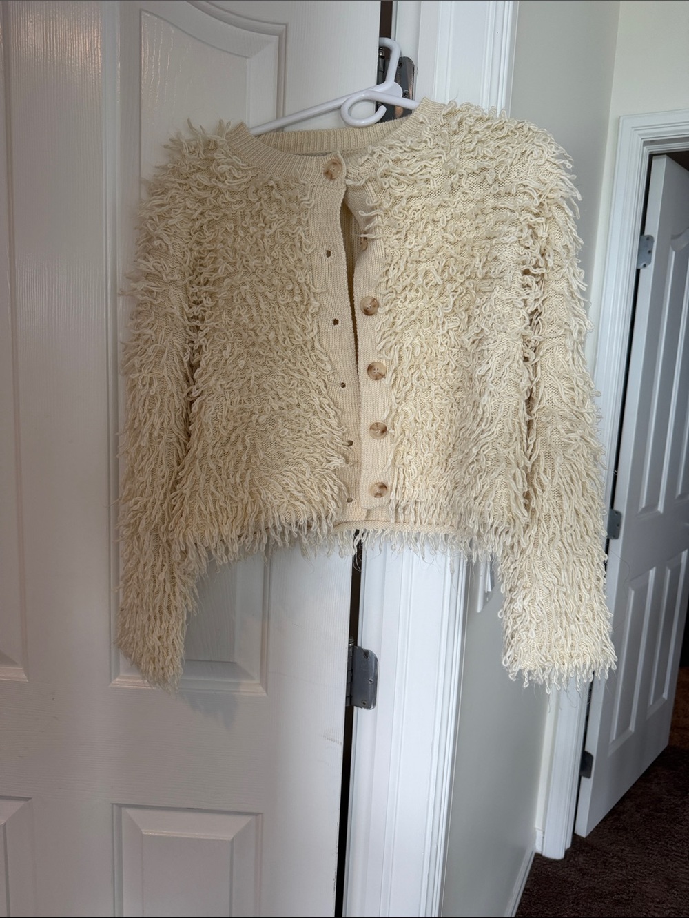 Vici Cream Shaggy Cropped Button-Up Teddy Jacket